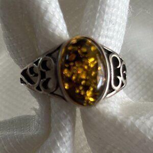 Vintage Sterling Silver Baltic Amber Oval Filigree Statement Ring